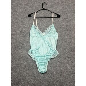Ashley Taylor Vintage Bodysuit Blue Satin Lace Trim Lingerie Medium 80s 90s